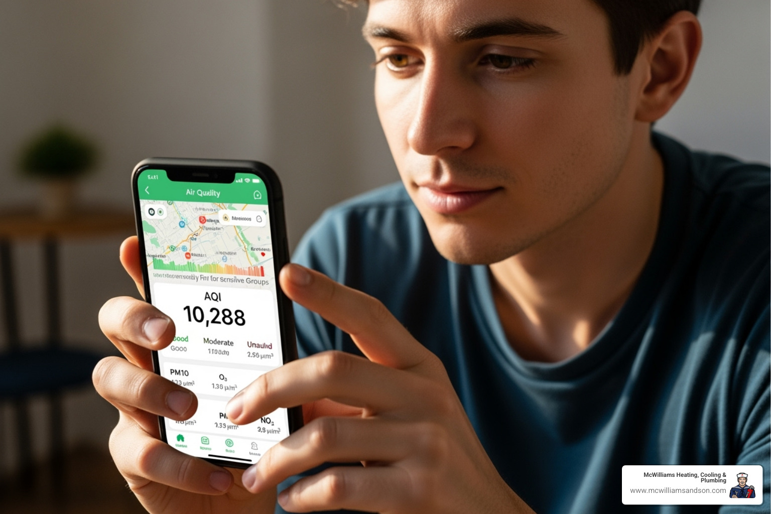 a person looking at a smartphone app displaying air quality data - radon air quality monitor