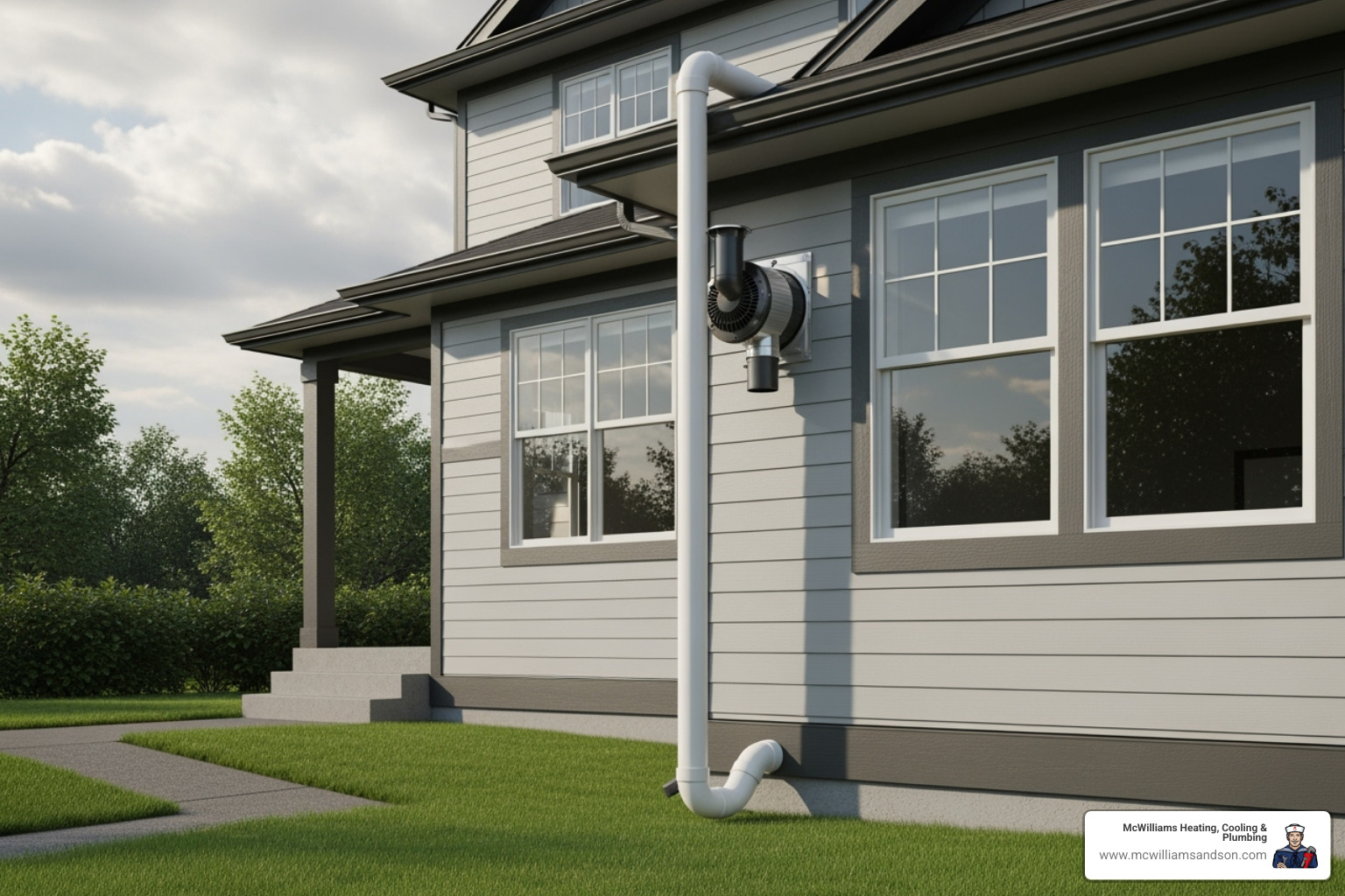 Image of a radon mitigation system installed on the side of a house - air quality monitor with radon