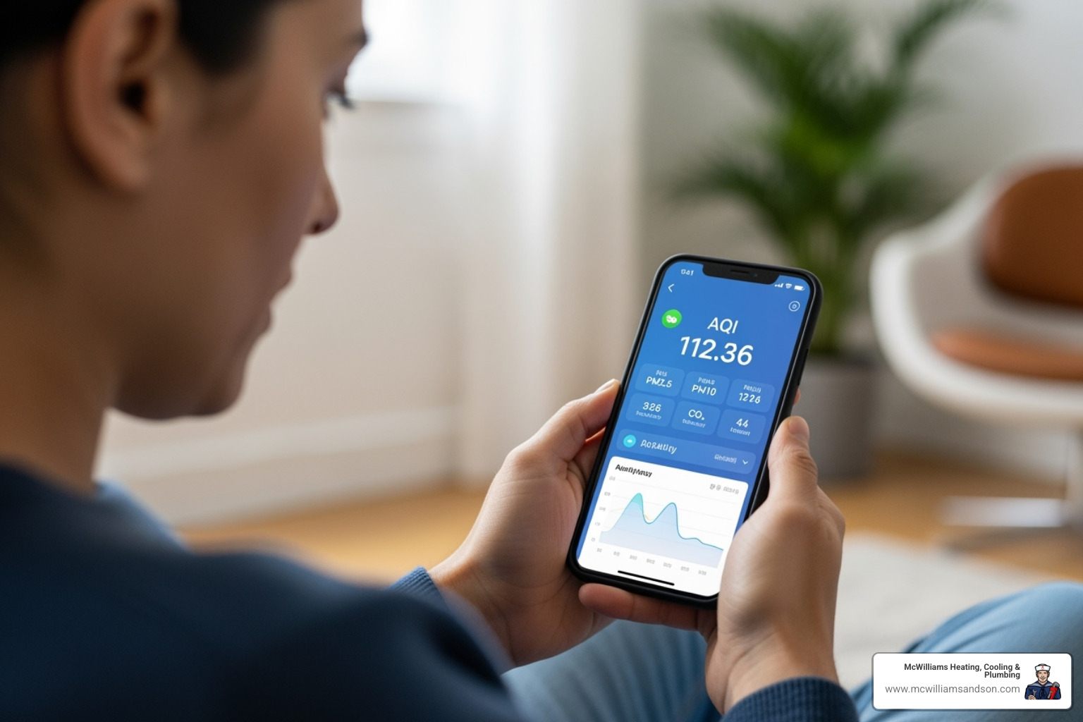 Image of a person checking an air quality monitor's app on their smartphone - air quality monitor with radon