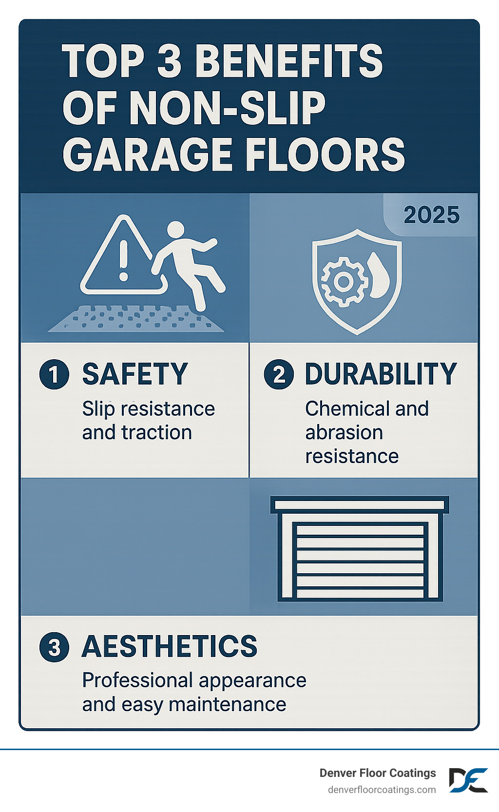 Infographic showing the top 3 benefits of non-slip garage floors: Safety through slip resistance and traction, Durability through chemical and abrasion resistance, and Aesthetics through professional appearance and easy maintenance - best garage floor paint non slip infographic 