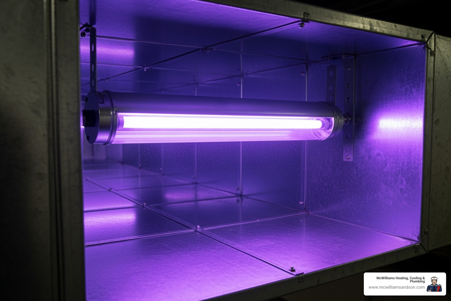 A UV-C lamp operating inside an HVAC duct - commercial air purifiers A UV-C lamp operating inside an HVAC duct - commercial air purifiers