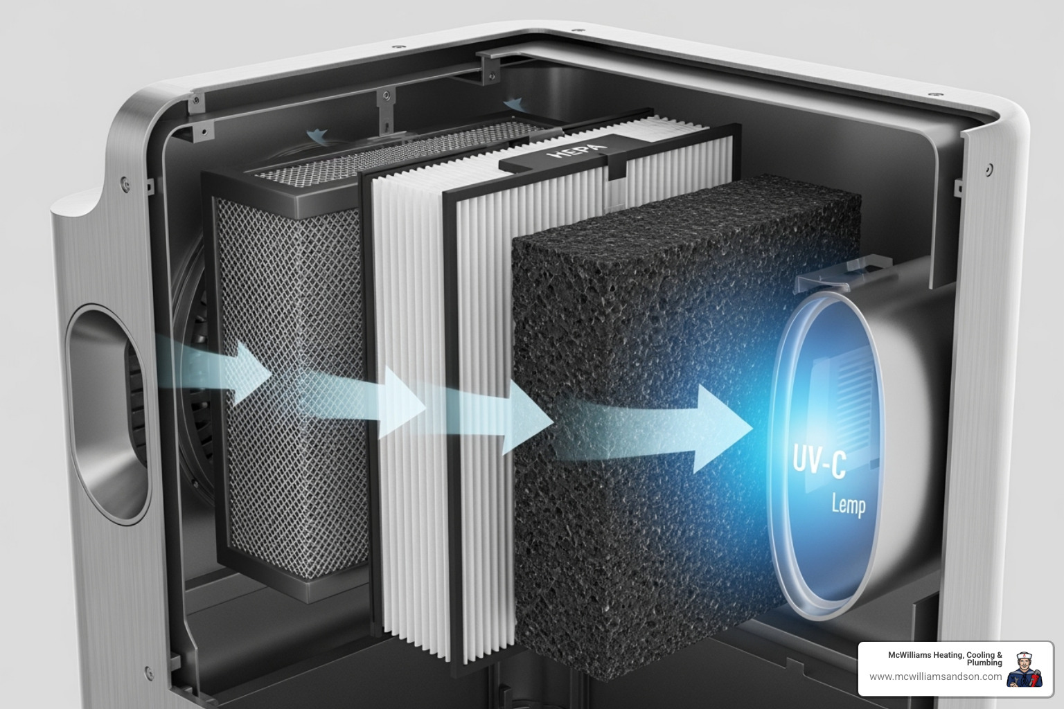 A cutaway view of a multi-stage commercial air purifier showing the pre-filter, HEPA filter, carbon filter, and UV-C lamp - commercial air purifiers A cutaway view of a multi-stage commercial air purifier showing the pre-filter, HEPA filter, carbon filter, and UV-C lamp - commercial air purifiers