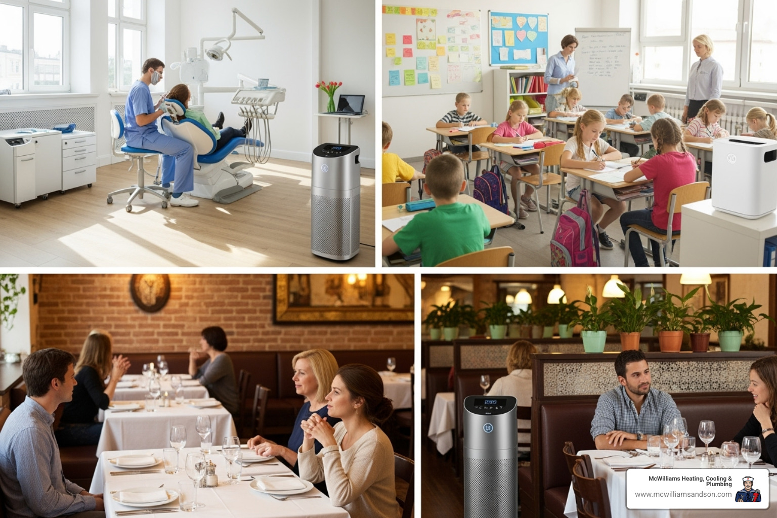 Various commercial settings like a dental office, a school classroom, and a restaurant, each with a suitable air purifier - commercial air purifiers Various commercial settings like a dental office, a school classroom, and a restaurant, each with a suitable air purifier - commercial air purifiers
