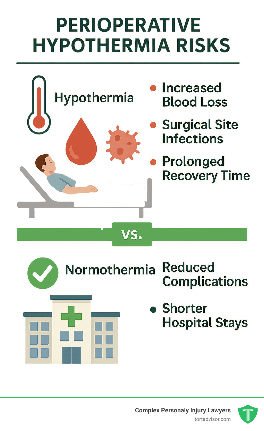Infographic showing perioperative hypothermia risks including increased blood loss, surgical site infections, prolonged recovery time, and higher mortality rates, contrasted with normothermia benefits of reduced complications and shorter hospital stays - what is a bear hugger in medical terms infographic 