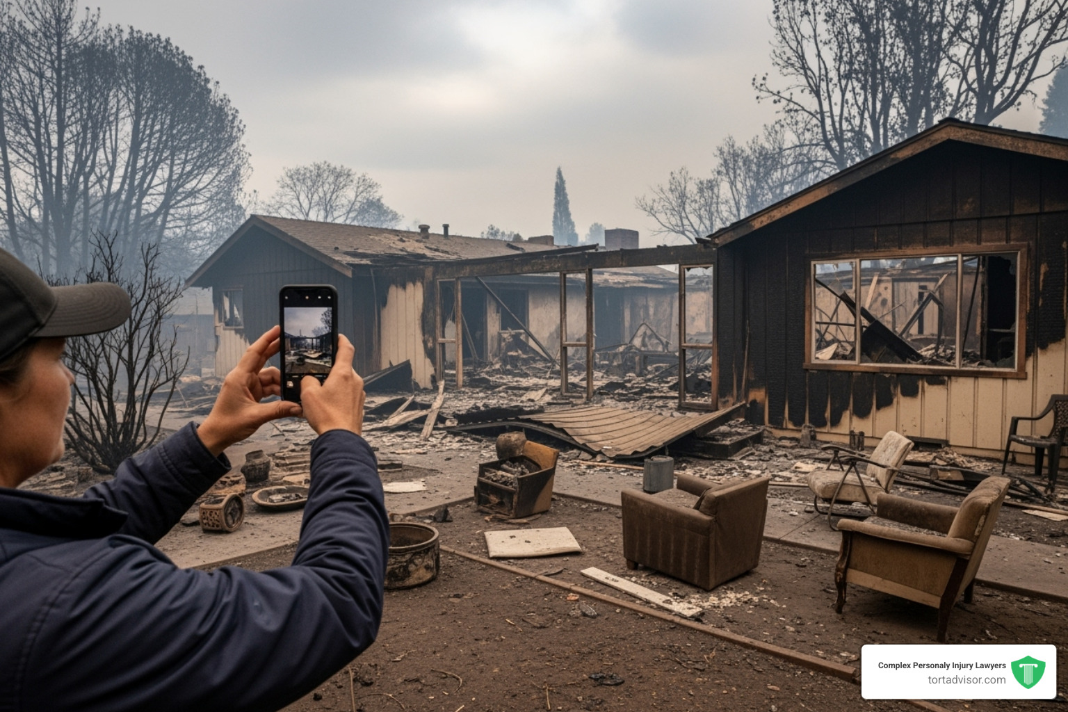 A homeowner using a smartphone to photograph wildfire damage to their property for documentation. - california wildfire legal claims