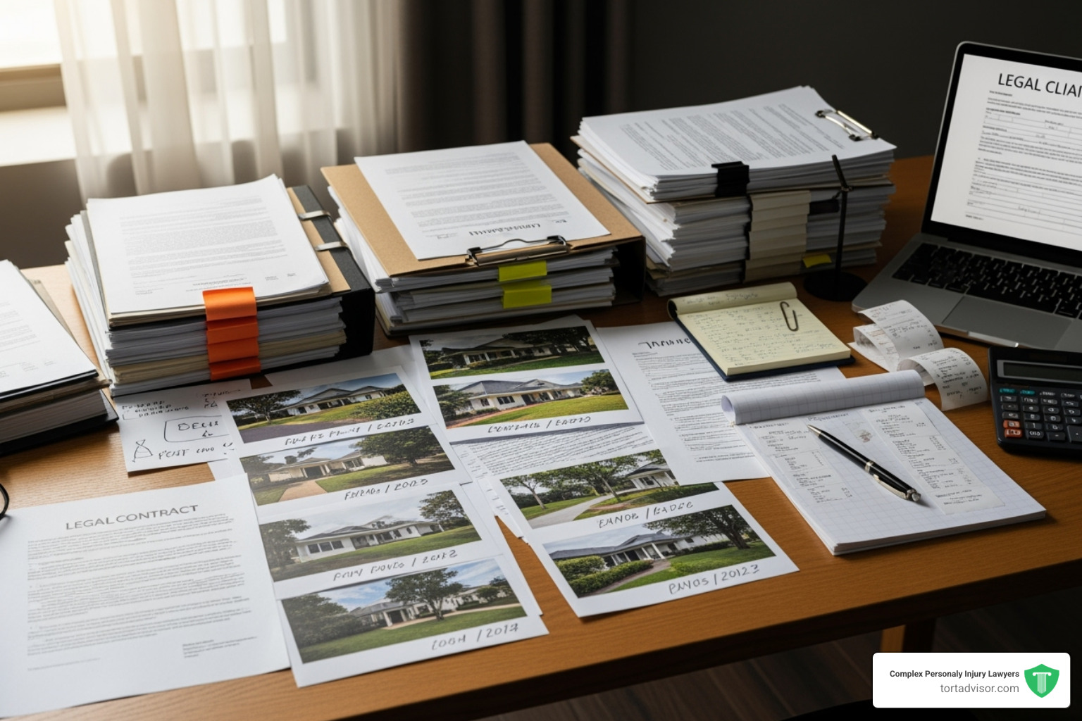 Legal documents, property photos, and receipts organized on a desk for a legal claim. - california wildfire legal claims