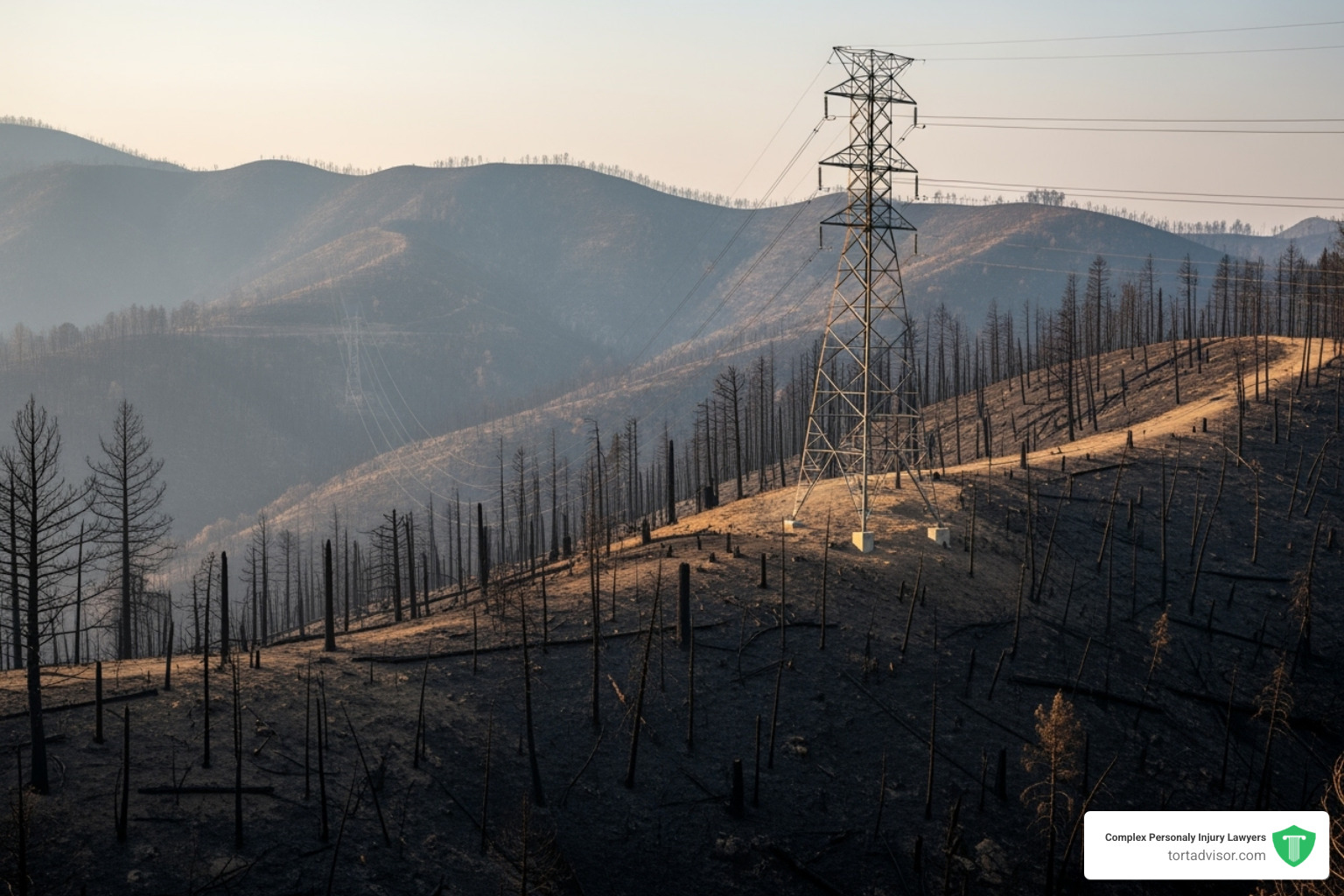 A utility power line tower with a fire-damaged California hillside in the background. - california wildfire legal claims