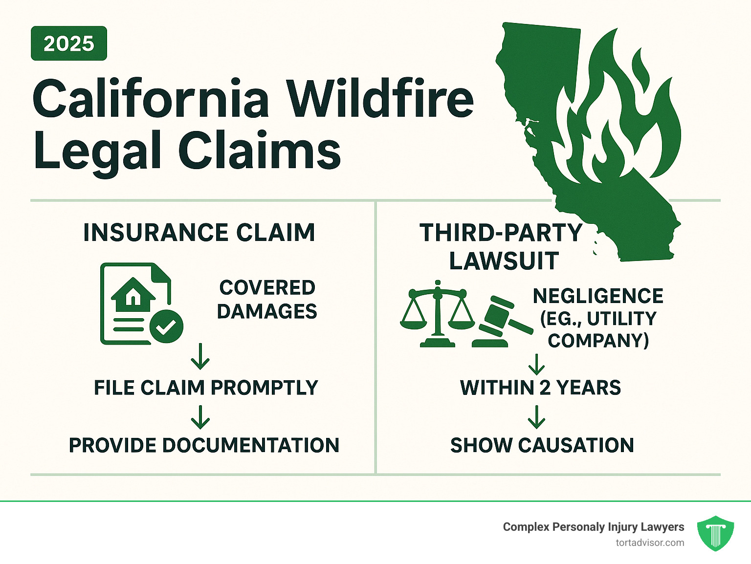 Infographic showing the two main compensation paths for California wildfire victims: filing insurance claims for covered damages and pursuing third-party liability lawsuits against negligent parties like utility companies, with timelines and key requirements for each option - california wildfire legal claims infographic 