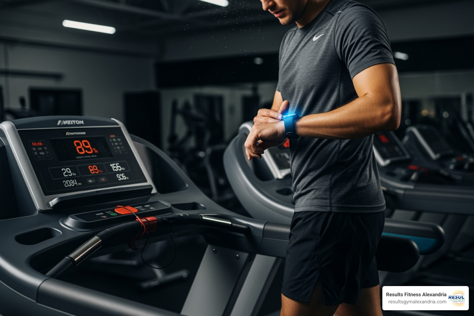 runner checking fitness watch on a treadmill - Treadmill endurance workouts runner checking fitness watch on a treadmill - Treadmill endurance workouts