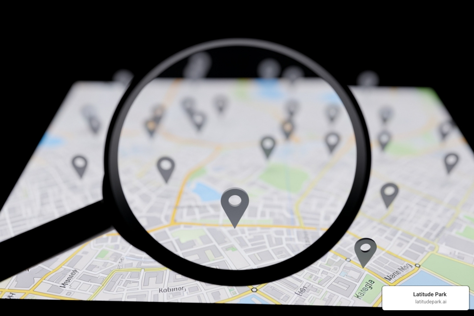 Magnifying glass focusing on a local map pin among many others - Franchise digital advertising agency