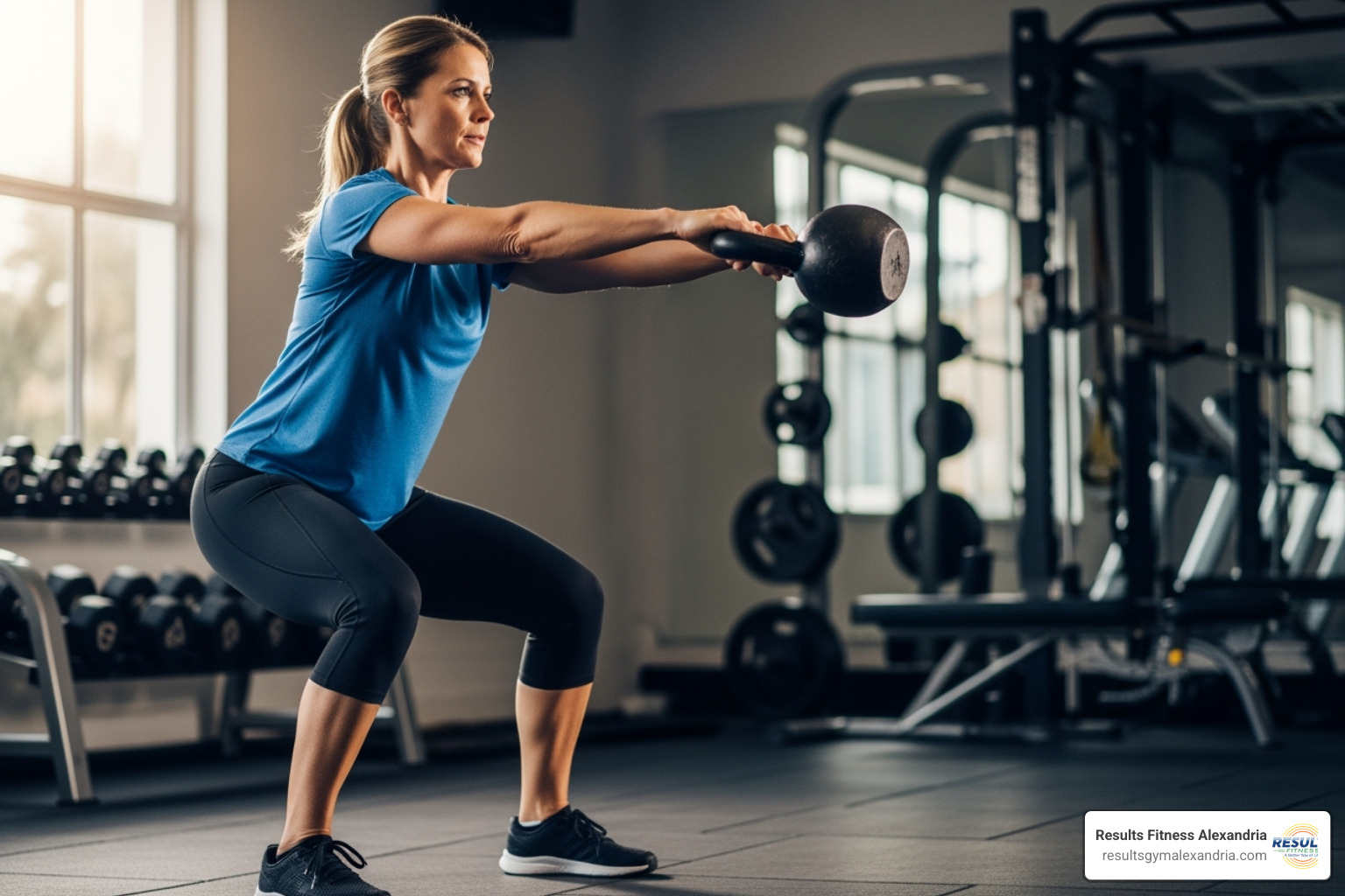 Woman in her 50s performing a kettlebell swing - strength training for women Woman in her 50s performing a kettlebell swing - strength training for women