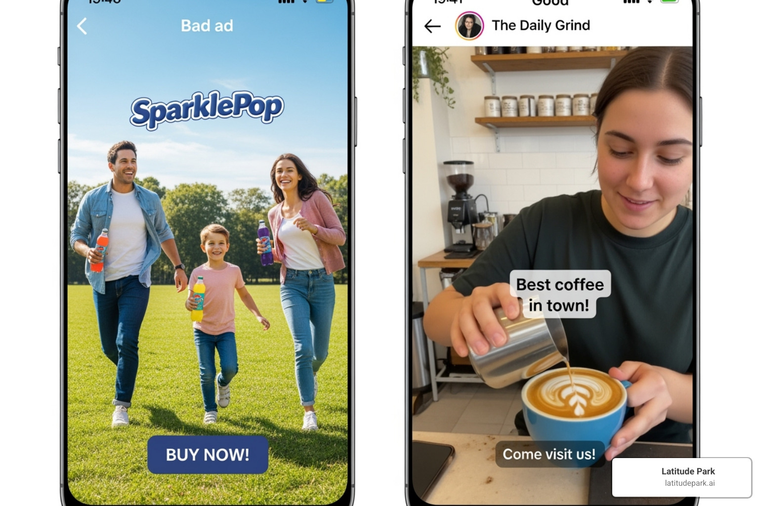 image showcasing a split-screen of a bad ad vs. a good, native-style TikTok ad - Best TikTok ad strategy