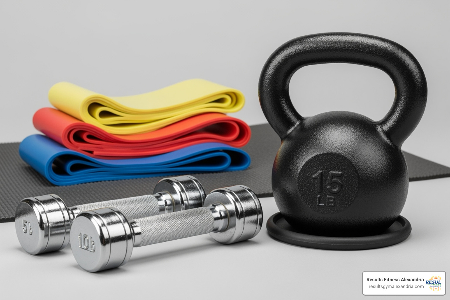 Essential beginner equipment like dumbbells, a kettlebell, and resistance bands - beginner weight training for women Essential beginner equipment like dumbbells, a kettlebell, and resistance bands - beginner weight training for women