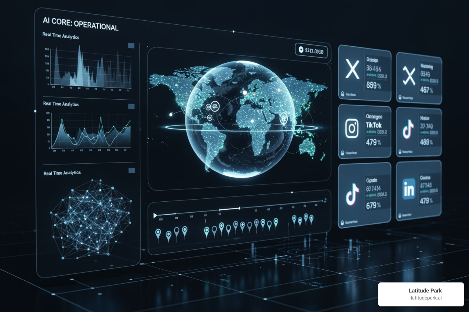 Futuristic marketing interface with AI and various social media icons - Franchise digital advertising agency