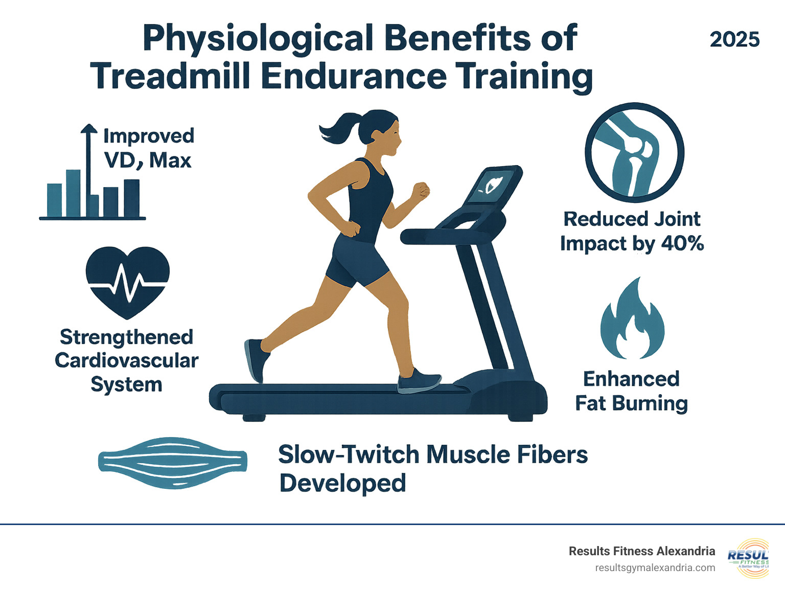 Comprehensive infographic showing the physiological benefits of treadmill endurance training including improved VO2 max levels, reduced joint impact by 40%, strengthened cardiovascular system, improved fat burning capacity, and development of slow-twitch muscle fibers for sustained energy output - Treadmill endurance workouts infographic Comprehensive infographic showing the physiological benefits of treadmill endurance training including improved VO2 max levels, reduced joint impact by 40%, strengthened cardiovascular system, improved fat burning capacity, and development of slow-twitch muscle fibers for sustained energy output - Treadmill endurance workouts infographic