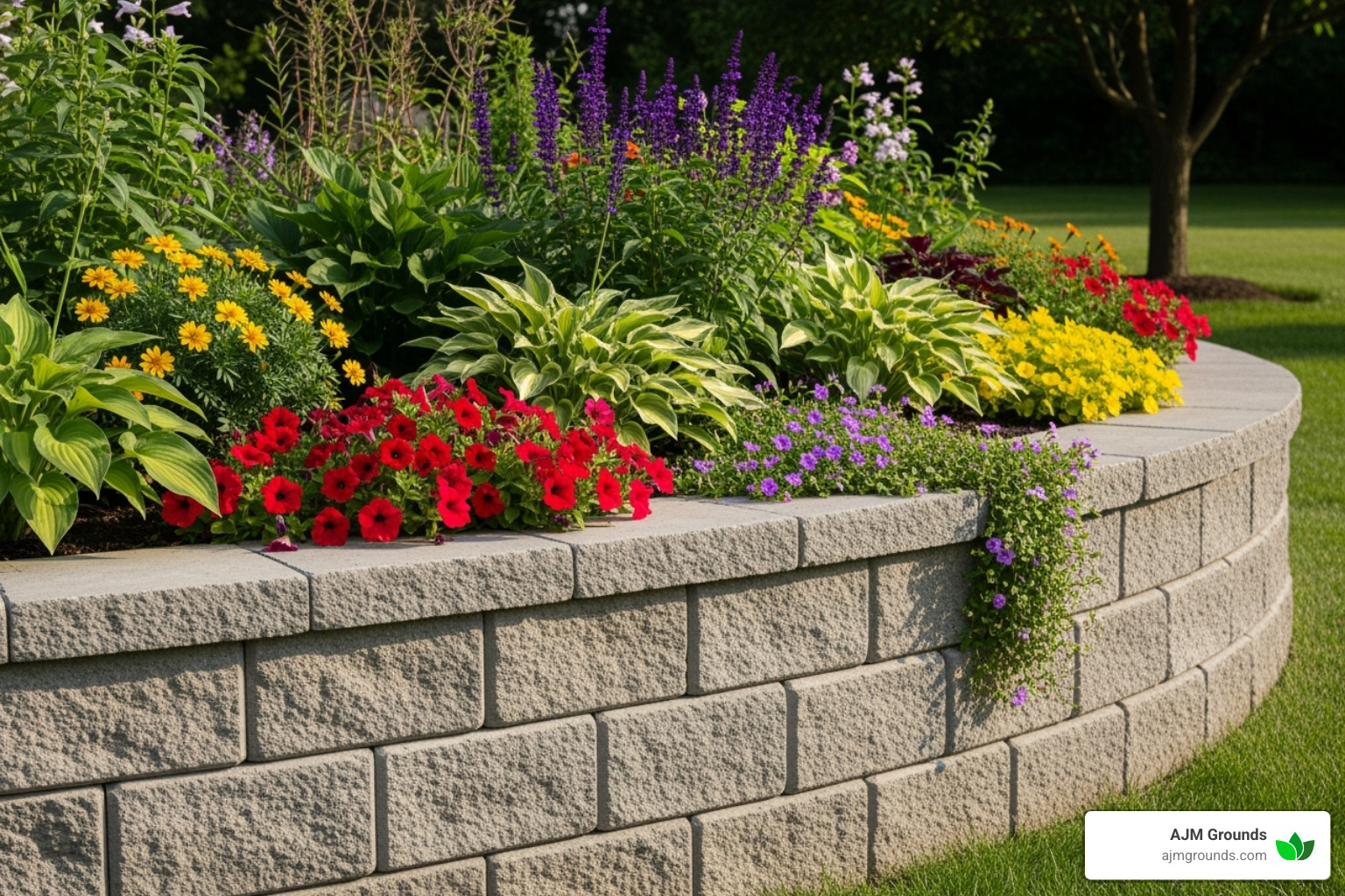 Curved retaining wall defining a garden bed - 80 lb landscaping blocks Curved retaining wall defining a garden bed - 80 lb landscaping blocks