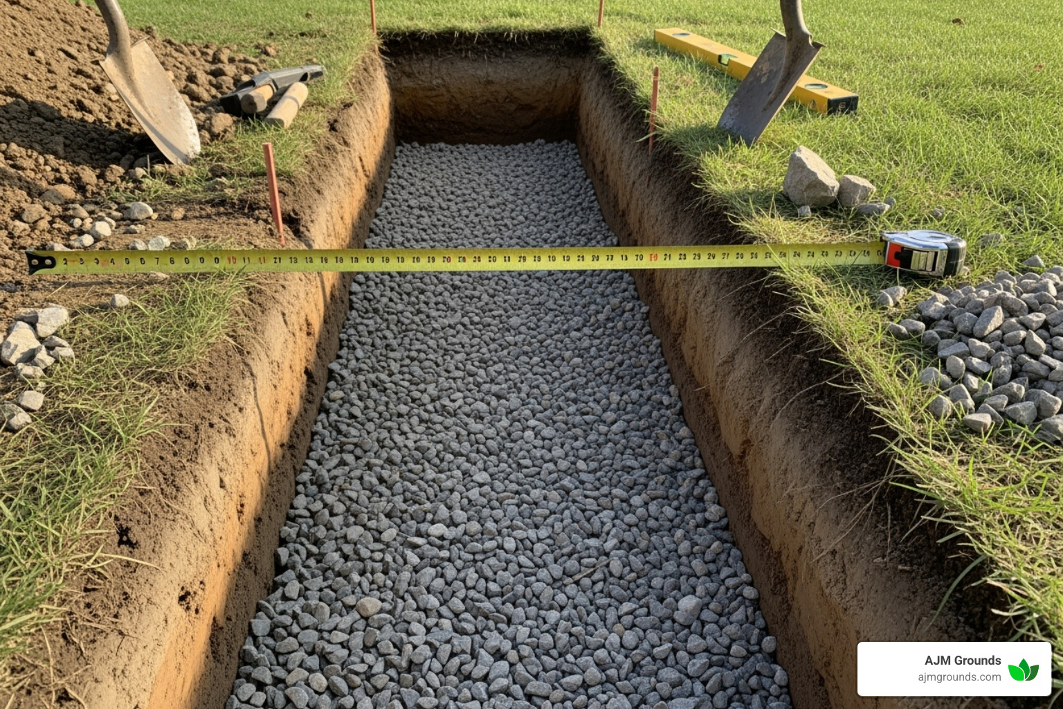 Prepared trench with a compacted gravel base ready for the first course of blocks - 80 lb landscaping blocks Prepared trench with a compacted gravel base ready for the first course of blocks - 80 lb landscaping blocks