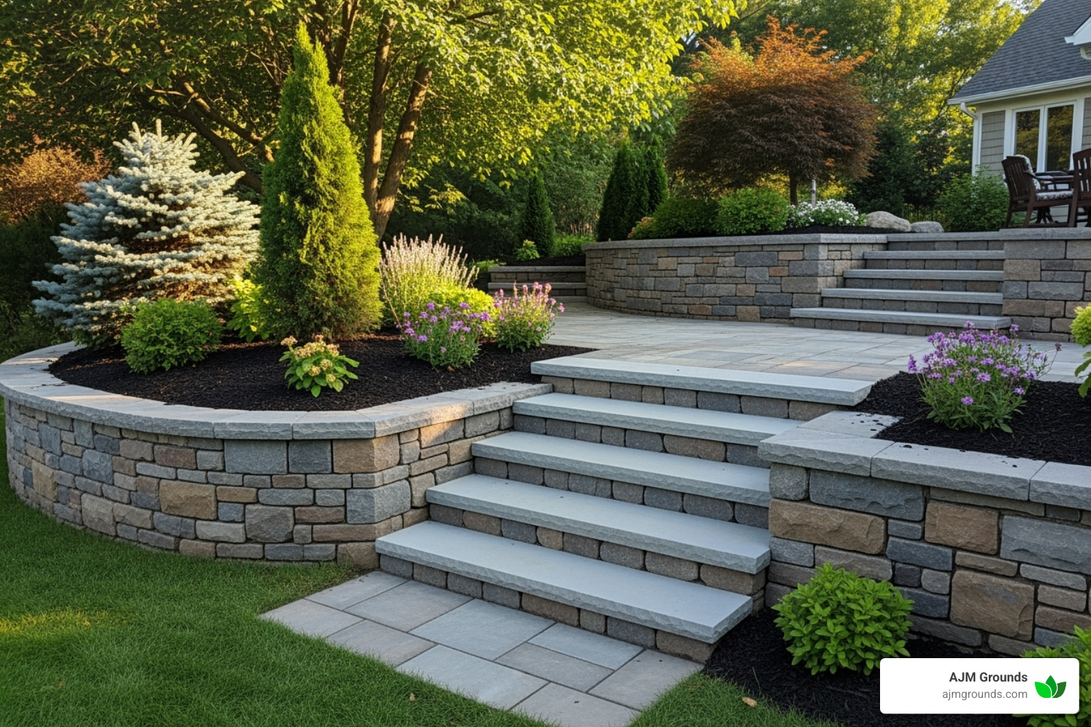 Finished hardscape project incorporating retaining walls and matching steps - 80 lb landscaping blocks Finished hardscape project incorporating retaining walls and matching steps - 80 lb landscaping blocks