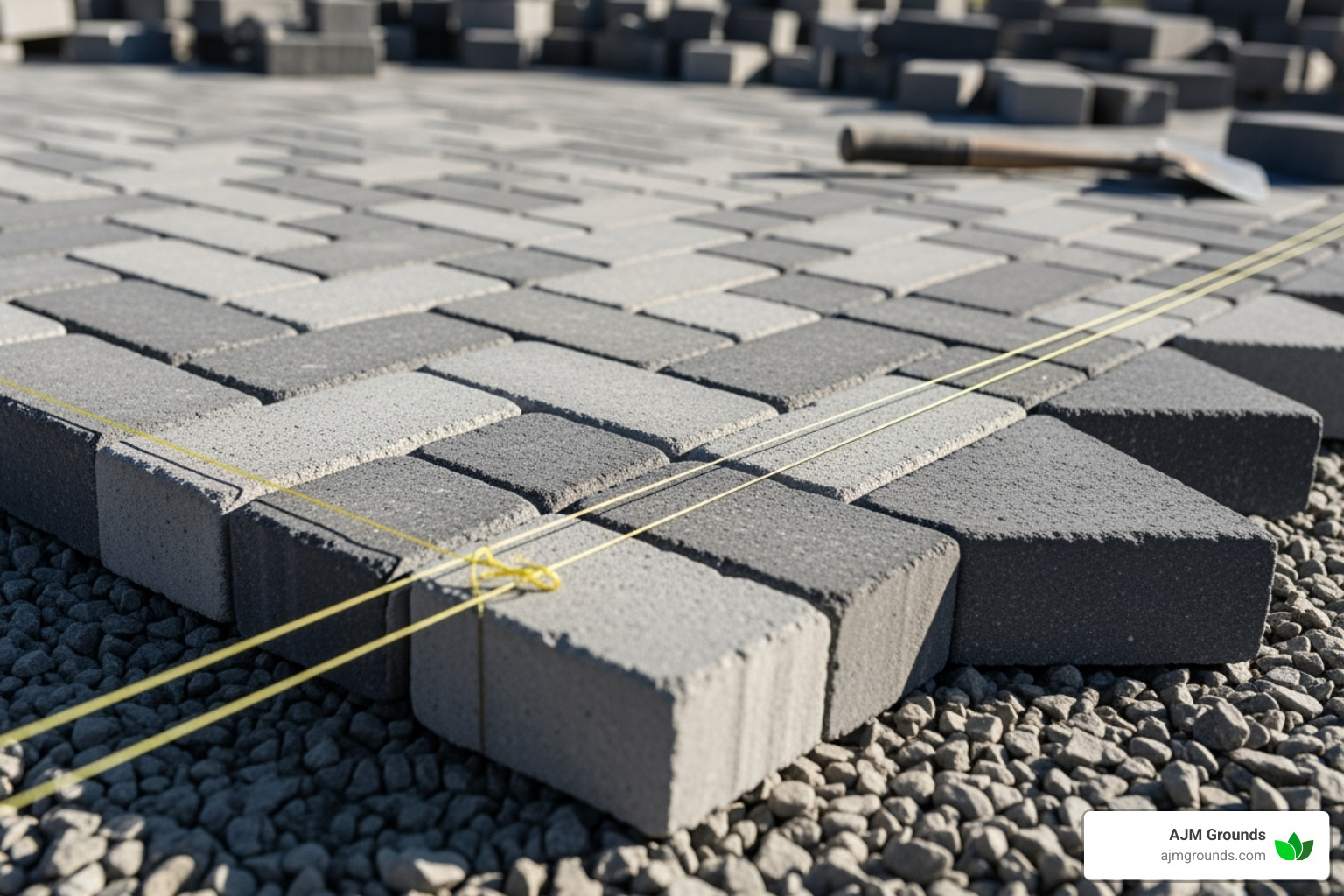 Pavers being laid in a herringbone pattern against a string line - step by step laying pavers