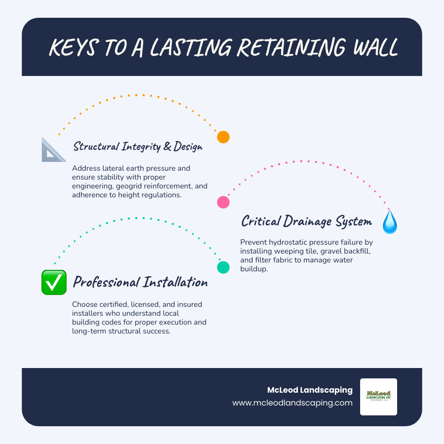 Infographic showing the critical factors in retaining wall installation including lateral earth pressure forces, hydrostatic pressure from water buildup, proper drainage requirements with weeping tile and gravel backfill, geogrid reinforcement for walls over 4 feet, and the importance of certified installers for long-term structural integrity - Retaining Wall Installer infographic infographic-line-3-steps-blues-accent_colors Infographic showing the critical factors in retaining wall installation including lateral earth pressure forces, hydrostatic pressure from water buildup, proper drainage requirements with weeping tile and gravel backfill, geogrid reinforcement for walls over 4 feet, and the importance of certified installers for long-term structural integrity - Retaining Wall Installer infographic infographic-line-3-steps-blues-accent_colors