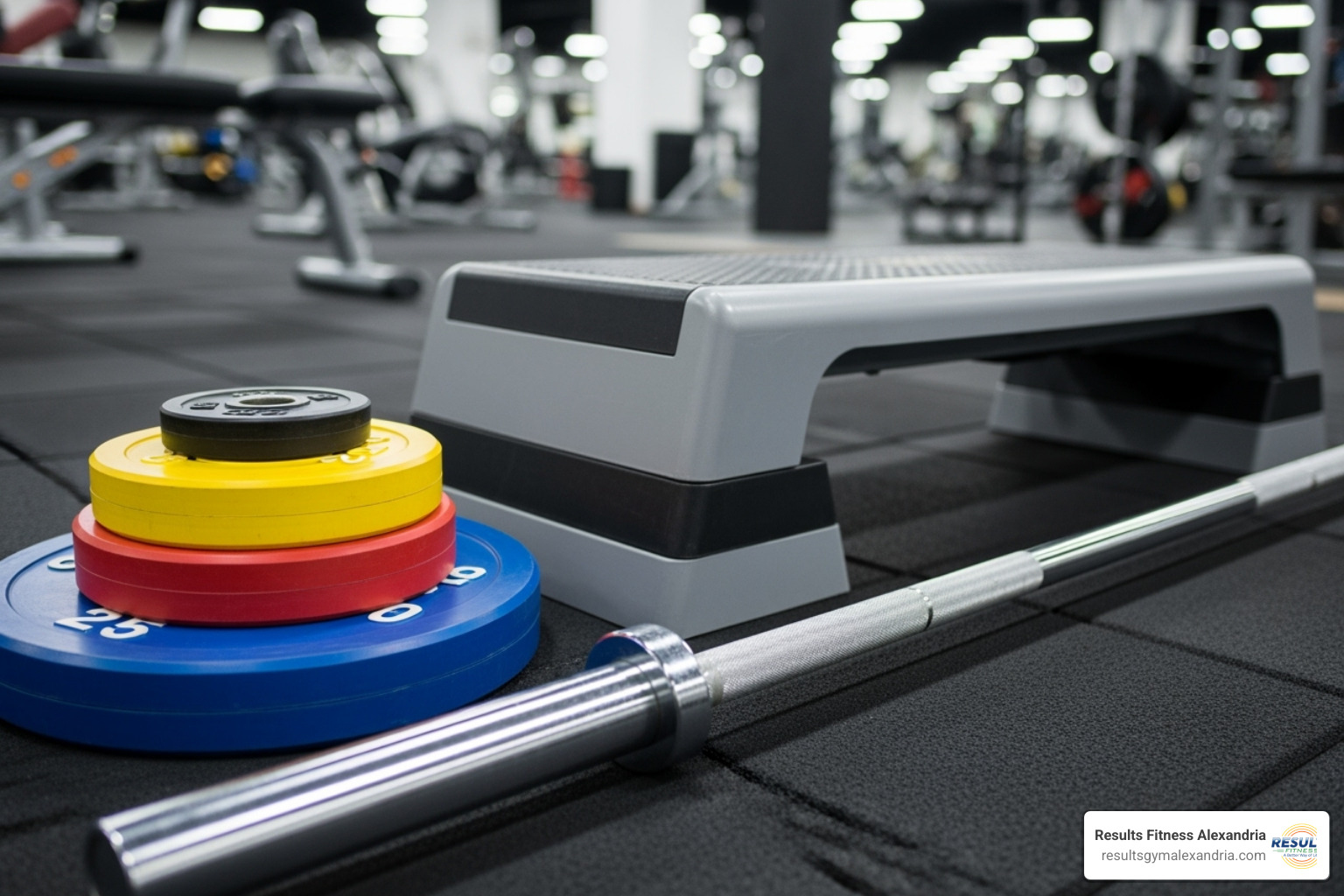 Standard equipment for a pump class: a barbell, a set of colored weight plates, and an adjustable step - pump class gym Standard equipment for a pump class: a barbell, a set of colored weight plates, and an adjustable step - pump class gym