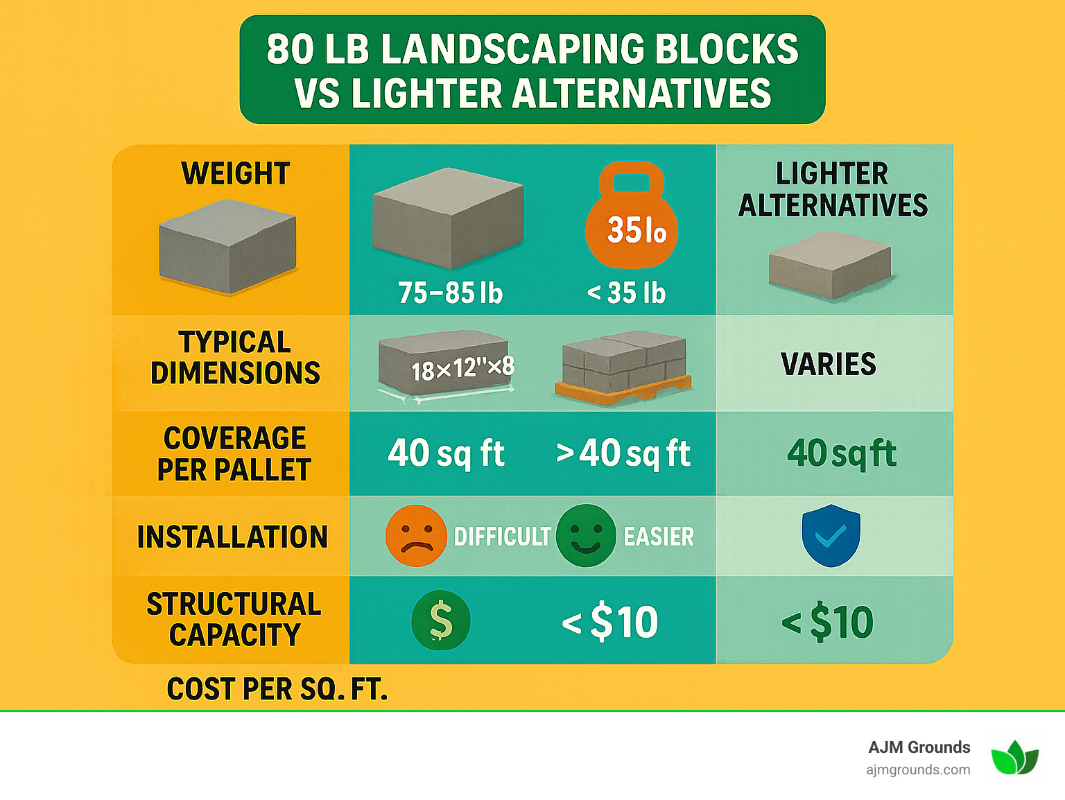 Infographic showing comparison of 80 lb landscaping blocks vs lighter alternatives, including weight specifications, typical dimensions, coverage per pallet, installation difficulty level, structural capacity, and cost per square foot - 80 lb landscaping blocks infographic Infographic showing comparison of 80 lb landscaping blocks vs lighter alternatives, including weight specifications, typical dimensions, coverage per pallet, installation difficulty level, structural capacity, and cost per square foot - 80 lb landscaping blocks infographic