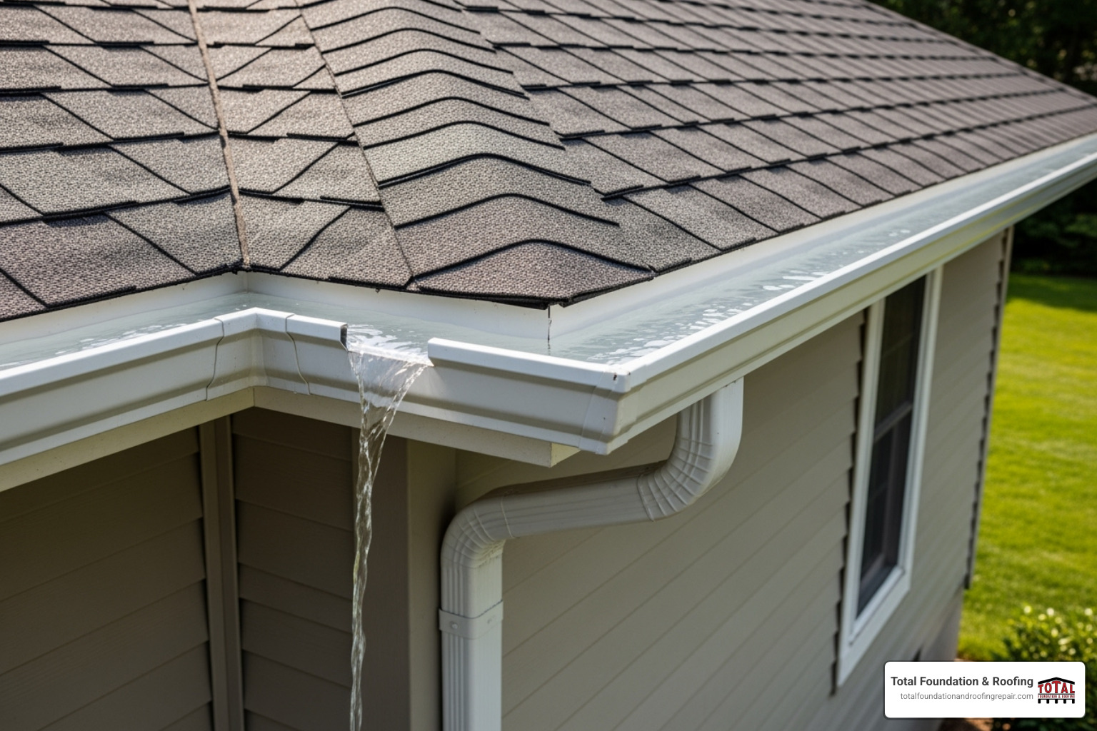 Clean gutter system on a newly installed roof, highlighting proper water drainage and regular maintenance - home roof replacement