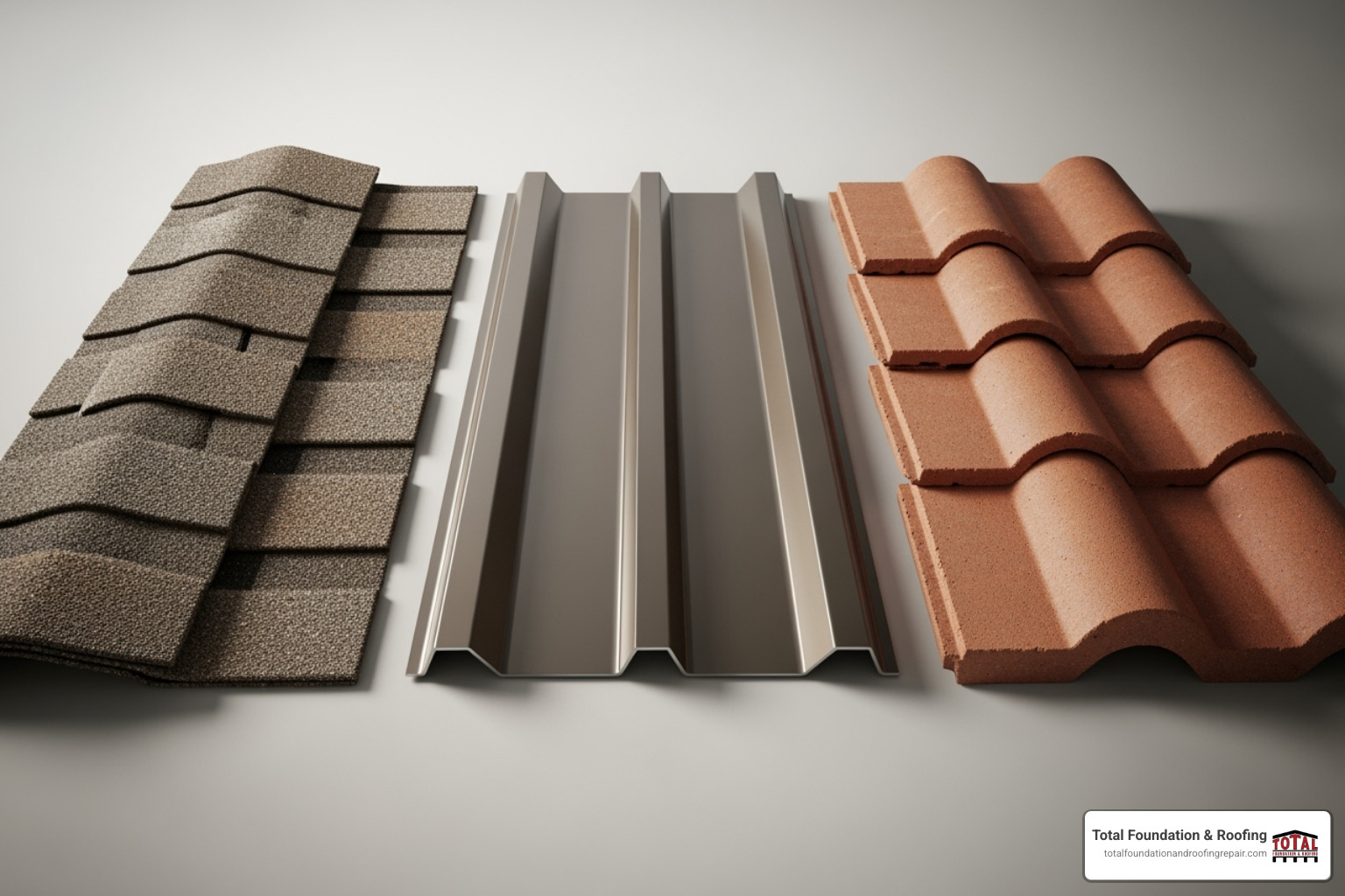 Samples of different roofing materials including asphalt shingles, standing seam metal, and concrete tiles - home roof replacement