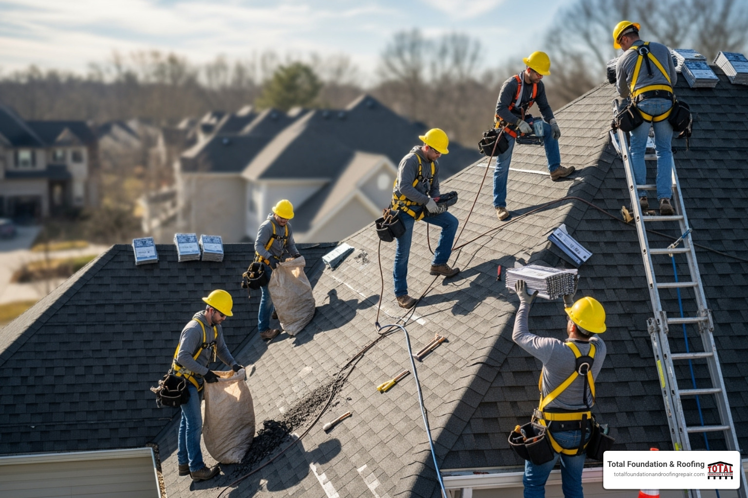 Professional roofing crew working safely on a roof, all wearing appropriate safety harnesses and hard hats - home roof replacement