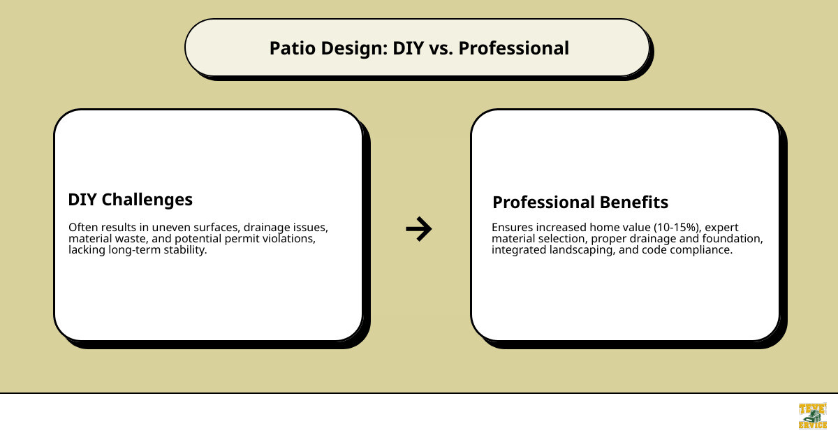 Infographic showing the benefits of professional patio design including increased home value 10-15%, expert material selection, proper drainage and foundation, integrated landscaping, and code compliance versus DIY challenges of uneven surfaces, drainage issues, material waste, and potential permit violations - Patio Designers infographic cause_effect_text