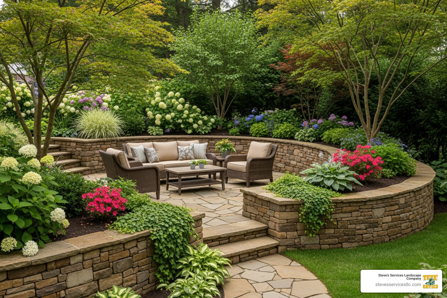 Patio seamlessly integrated with garden beds and a retaining wall - Patio Designers