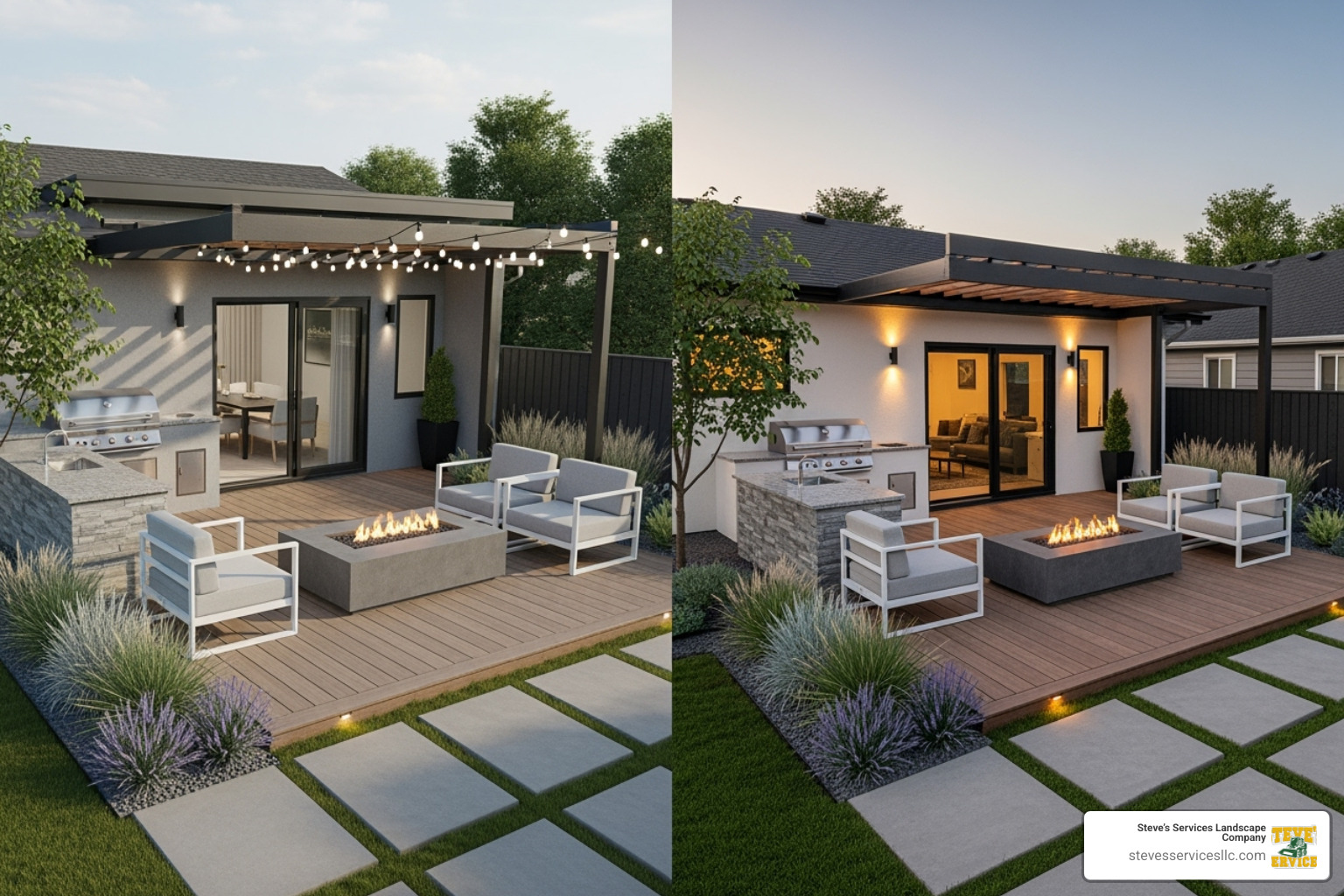 3D patio design rendering next to the finished project - Patio Designers