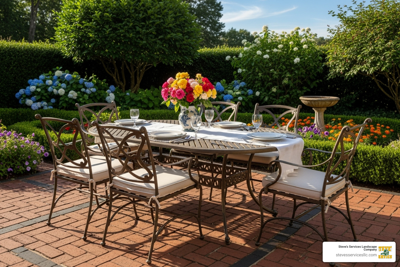 classic brick patio with traditional furniture - Patio Designers