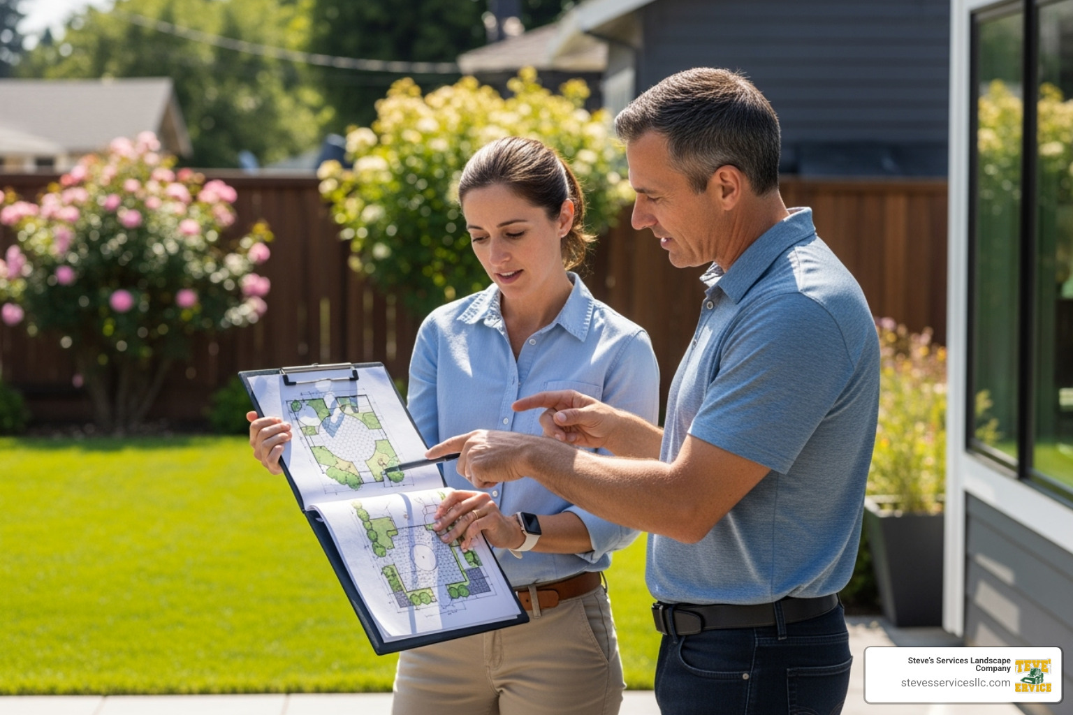 designer and client reviewing plans on-site - Patio Designers