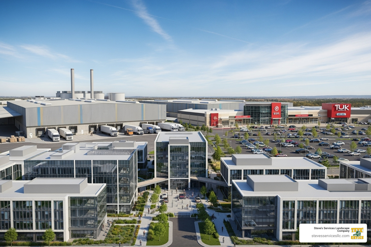 Diverse portfolio of commercial buildings like retail stores, office parks, and industrial facilities - commercial building contractor Diverse portfolio of commercial buildings like retail stores, office parks, and industrial facilities - commercial building contractor