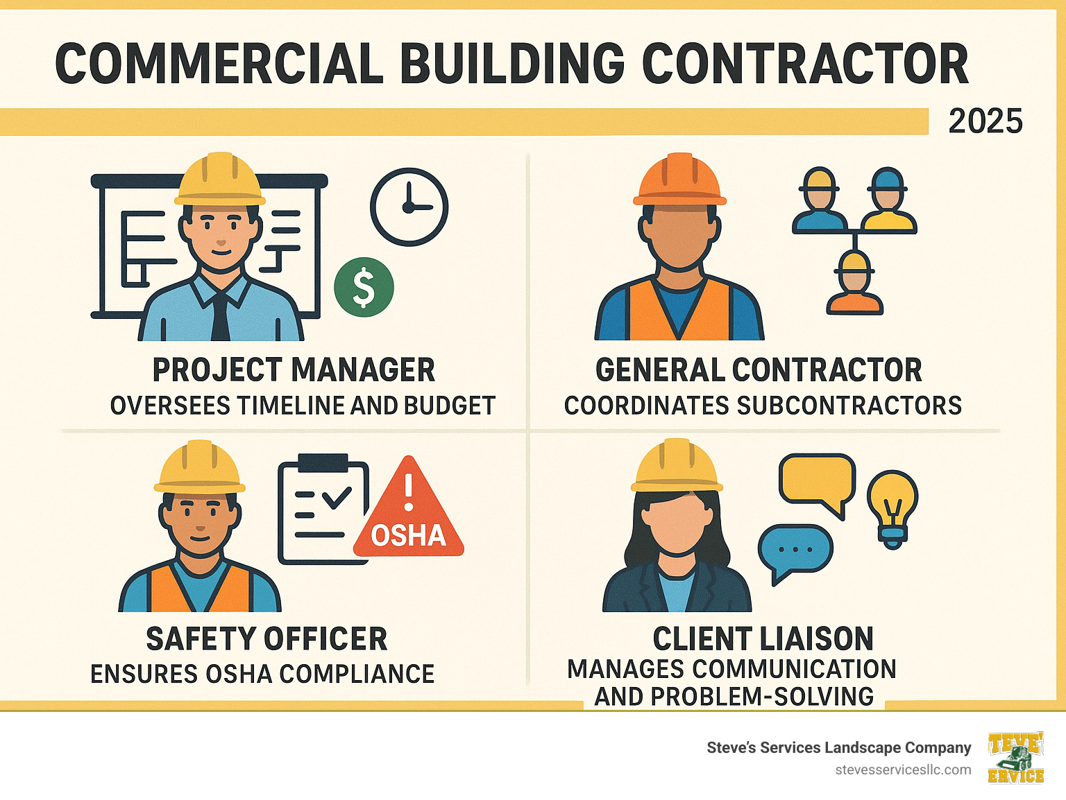 Infographic showing the key roles and responsibilities of a commercial building contractor team, including project manager overseeing timeline and budget, general contractor coordinating subcontractors, safety officer ensuring OSHA compliance, and client liaison managing communication and problem-solving throughout the construction process - commercial building contractor infographic Infographic showing the key roles and responsibilities of a commercial building contractor team, including project manager overseeing timeline and budget, general contractor coordinating subcontractors, safety officer ensuring OSHA compliance, and client liaison managing communication and problem-solving throughout the construction process - commercial building contractor infographic