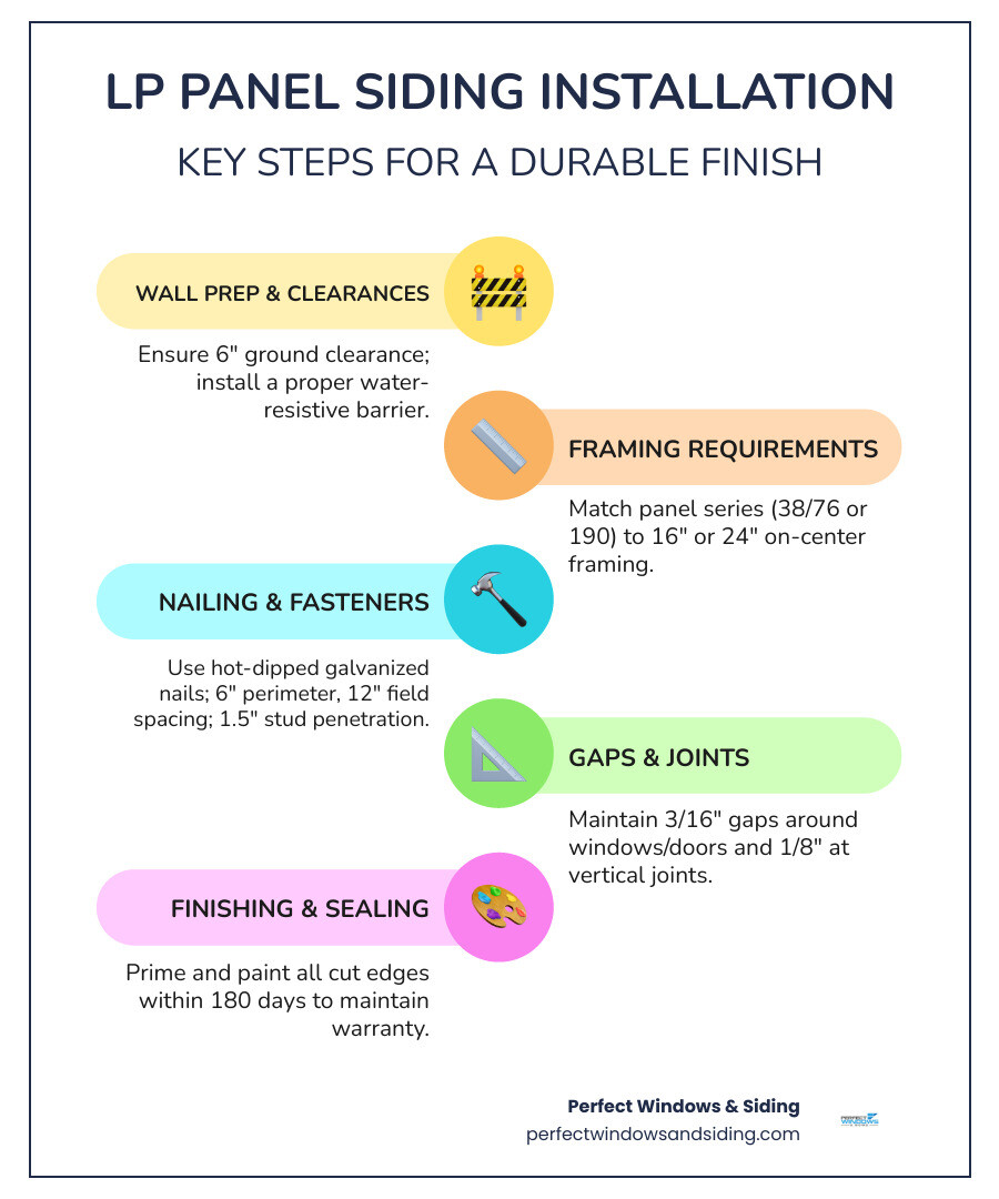 Infographic showing the complete LP panel siding installation process from substrate preparation through final finishing, including proper clearances, nailing patterns, flashing details, and sealing requirements - lp panel siding installation infographic infographic-line-5-steps-colors