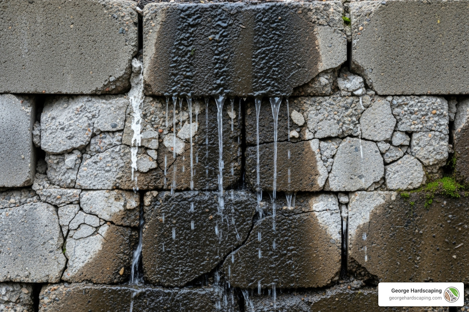 Close-up of a deteriorating concrete block retaining wall with visible water damage A close-up of a crumbling concrete block retaining wall showing water damage and deterioration.