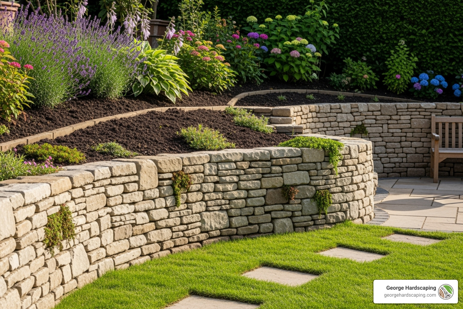 Newly built stone retaining wall showcasing professional installation and structural integrity A newly constructed, beautiful and sturdy stone retaining wall installed by professionals.