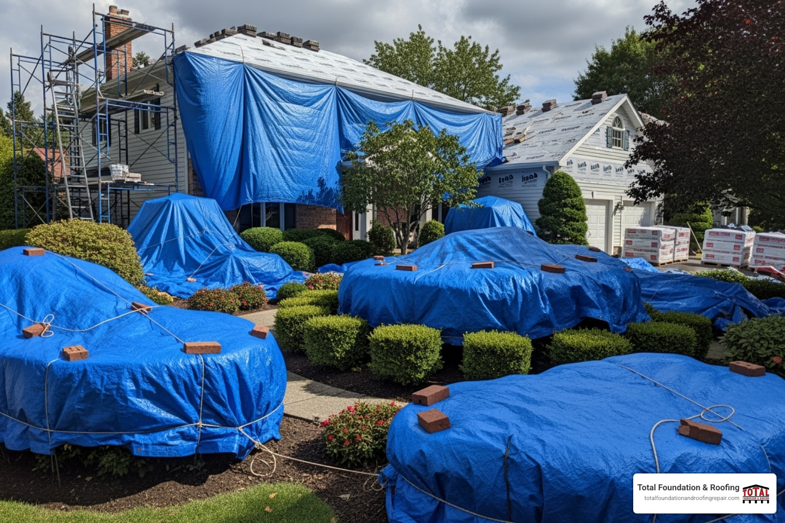 yard with tarps protecting landscaping during a roof replacement - should i stay home during roof replacement