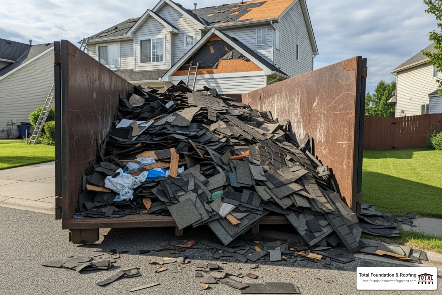 roofing debris in a dumpster next to a house - should i stay home during roof replacement