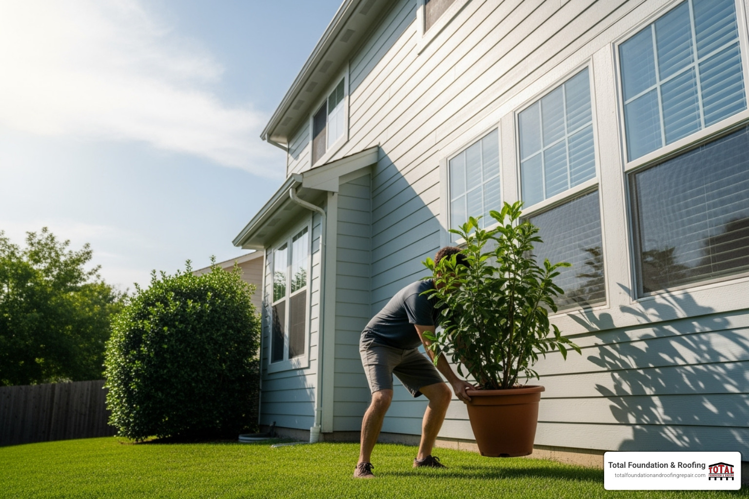 homeowner moving a potted plant away from their house - should i stay home during roof replacement