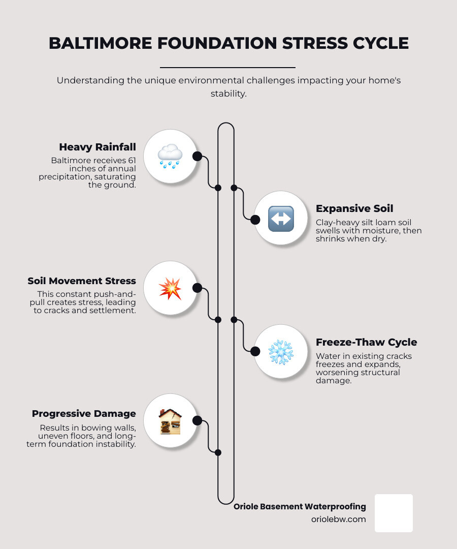 Baltimore foundation repair process showing soil conditions, water damage signs, and professional repair methods including sill plate replacement, beam reinforcement, and carbon fiber wall strengthening - foundation repair baltimore infographic infographic-line-5-steps-neat_beige