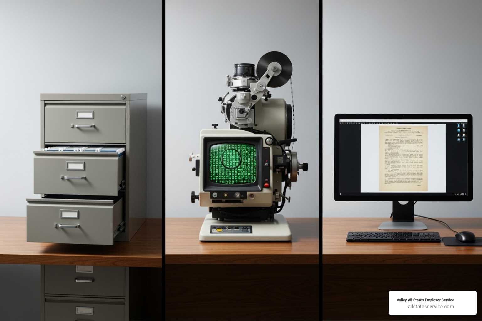 Comparison of a physical file cabinet, a microfilm reader, and a computer screen with a digital I-9 - I-9 record keeping