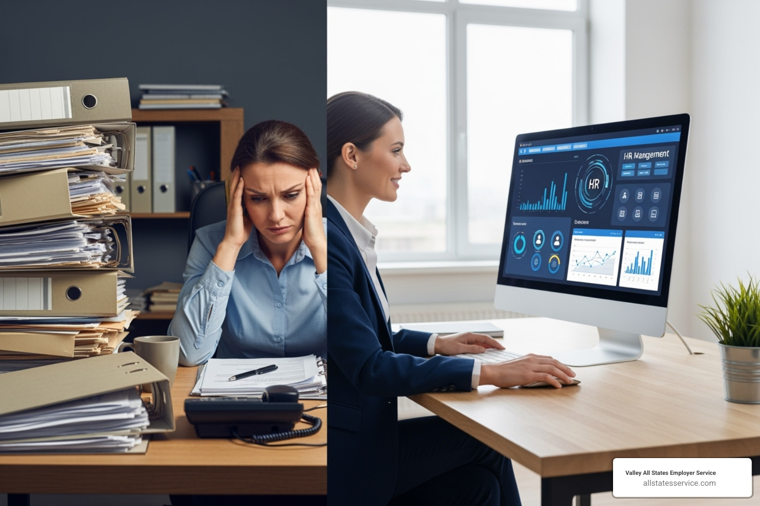Image of an HR manager looking stressed at a desk full of paperwork vs. a streamlined digital dashboard - Third-party I-9 verification