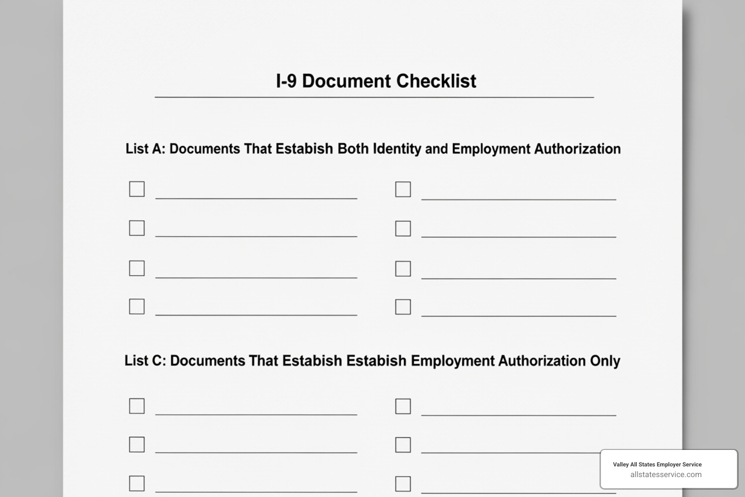 Image of a checklist for I-9 documents - I-9 form completion