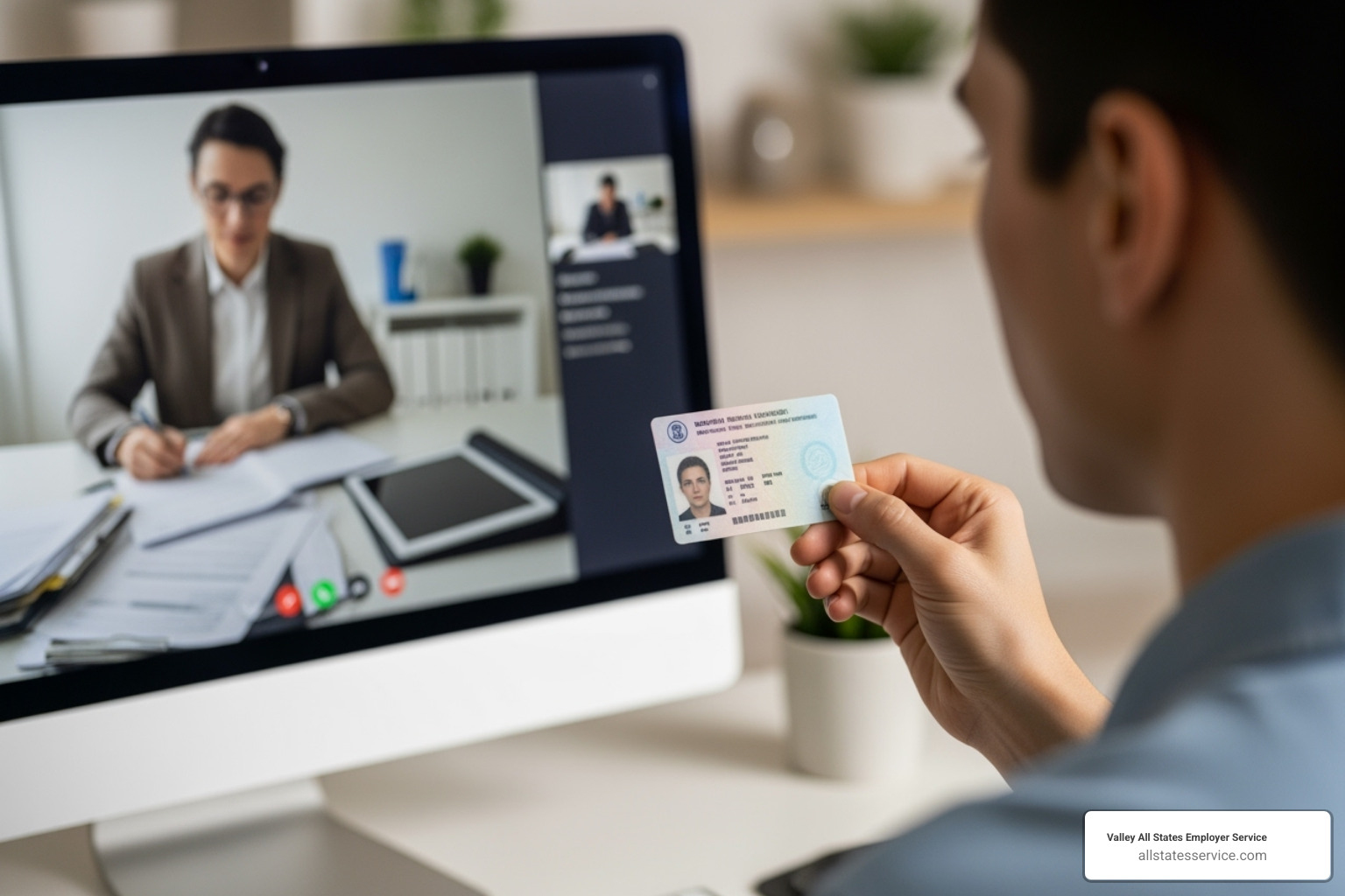 A person on a video call holding up their ID for verification, while another person on the screen reviews documents - uscis i-9 remote verification