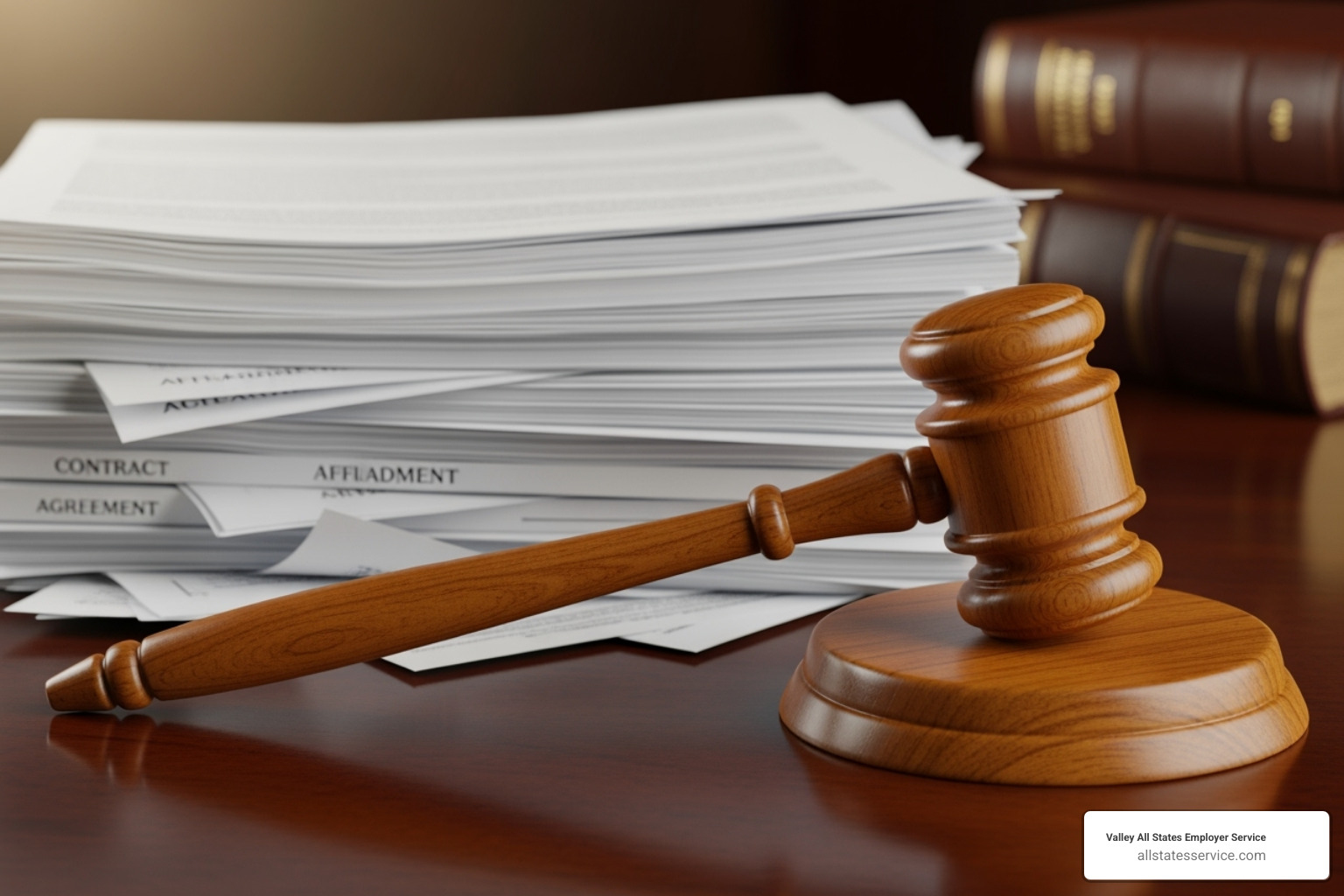 Image of a gavel next to a stack of I-9 forms - I-9 form completion