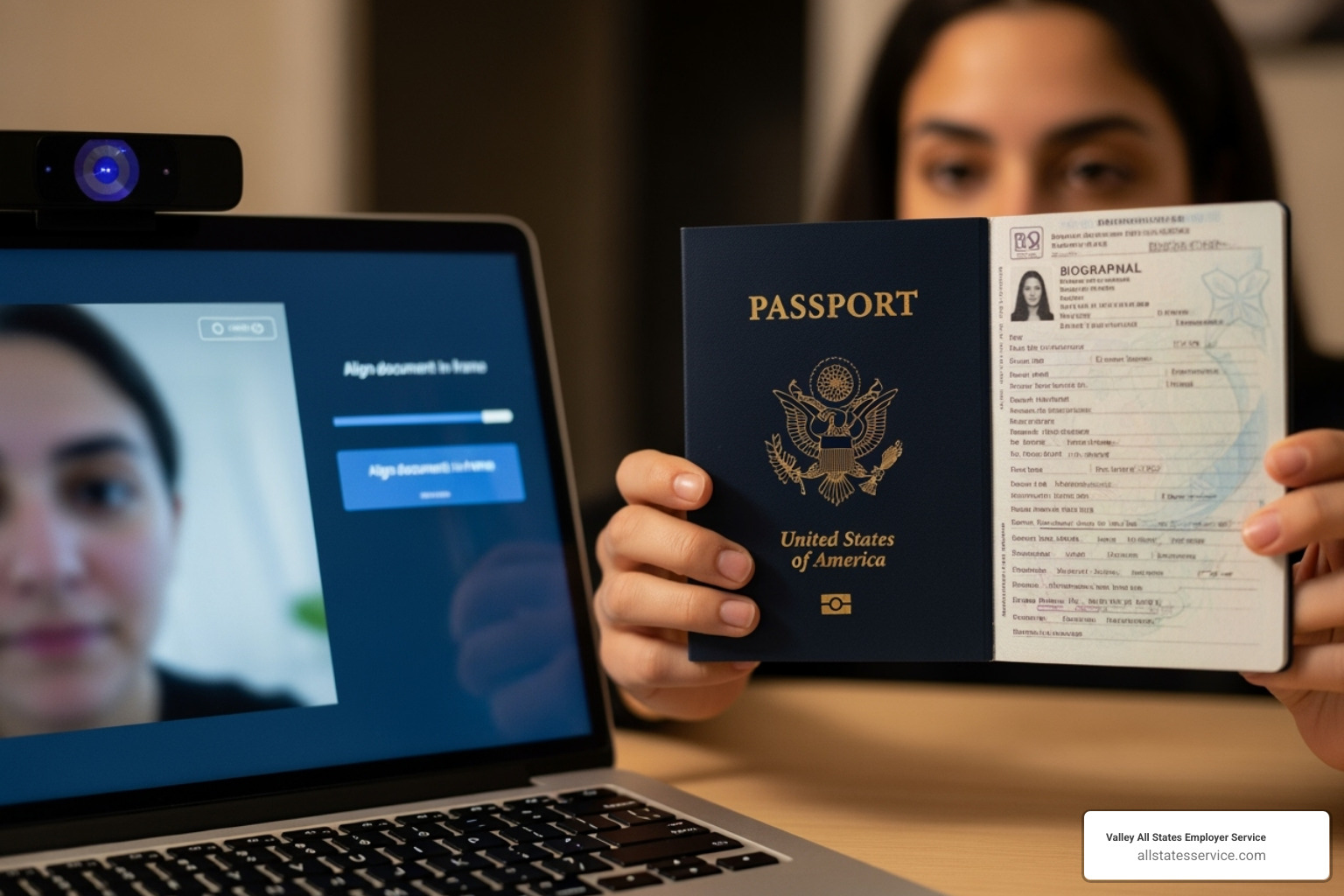 Image of a person holding up their passport to a laptop camera for remote verification - I-9 form completion