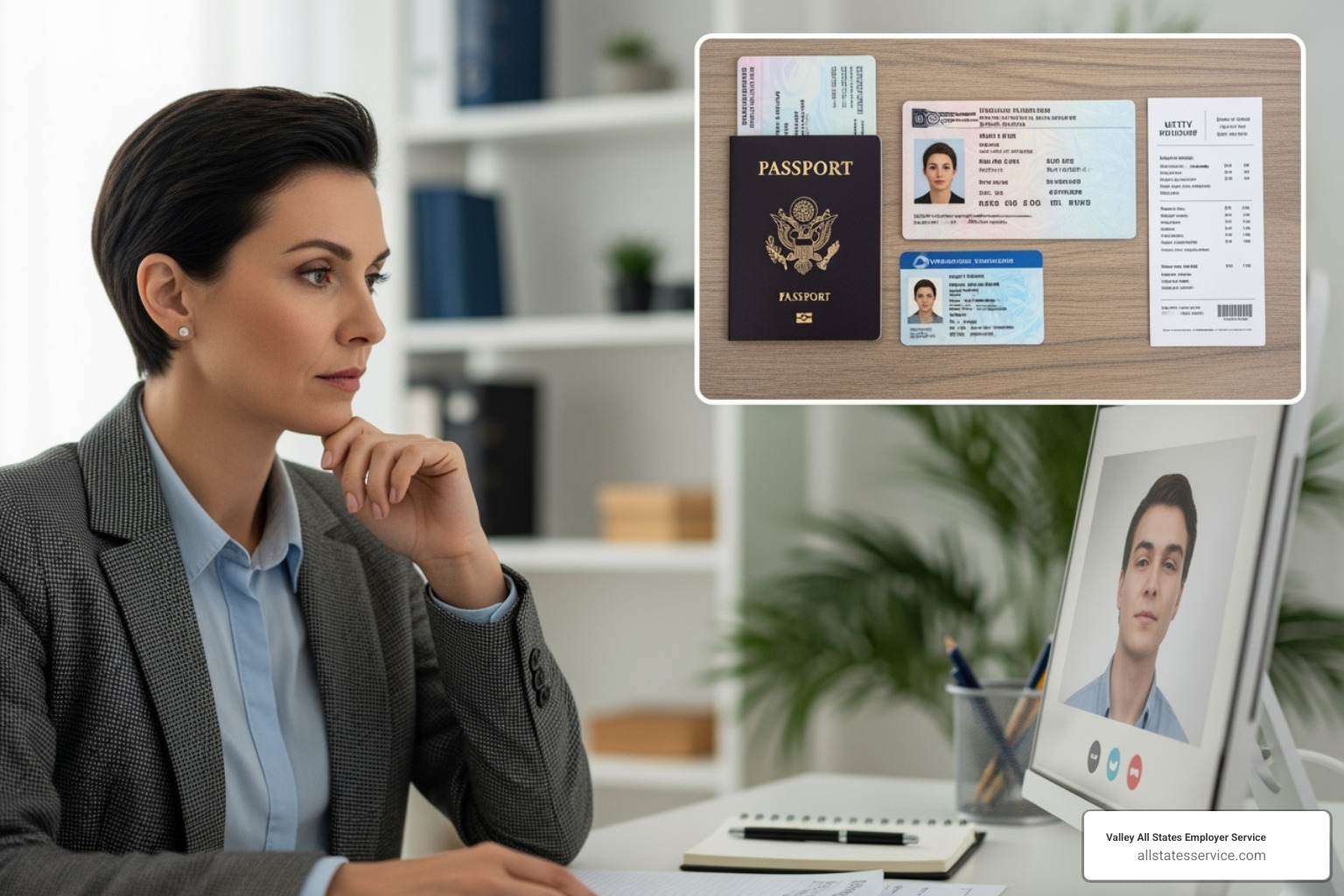 Hiring manager on a video call examining a new hire's passport and other identity documents, ensuring they appear genuine and relate to the employee - remote form i 9